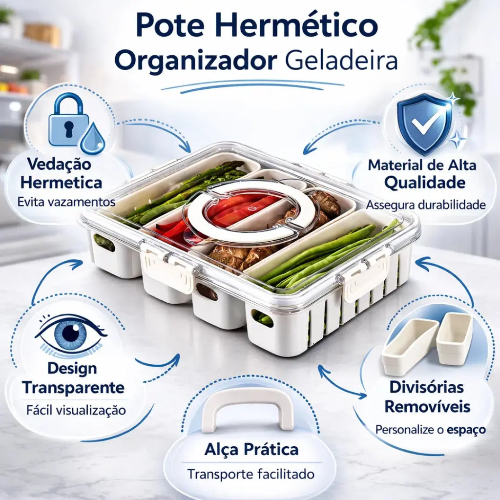 Pote Hermético Organizador de Geladeira com 4 Divisórias