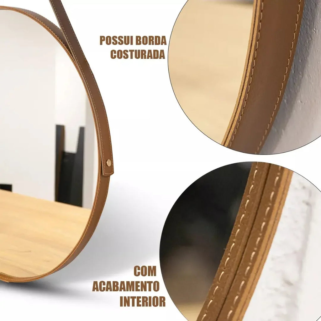 Espelho Redondo Adnet Couro Com Alça + Suporte 60cm
