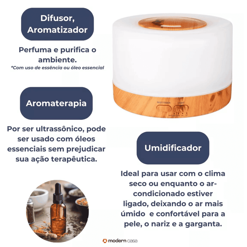 Aromatizador Umidificador Ultrassônico LED 7 Cores - Modern Casa