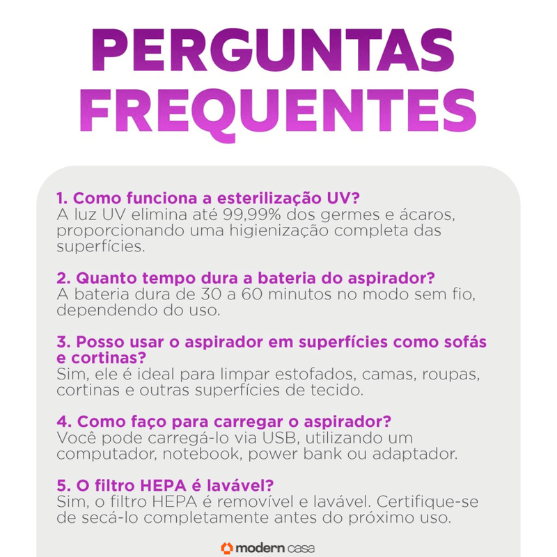 Aspirador Portátil Anti-Ácaro Esterilização Sem Fio - Modern Casa