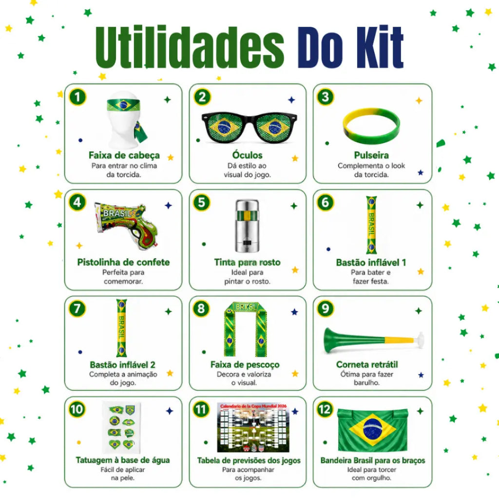 Kit Torcedor Brasil Copa do Mundo – 12 Itens para Torcer com Estilo e Entrar no Clima da Festa
