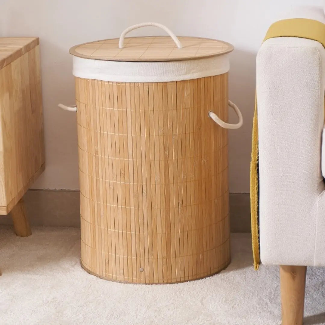 Cesto de Roupas de Bambu com Forro em Tecido