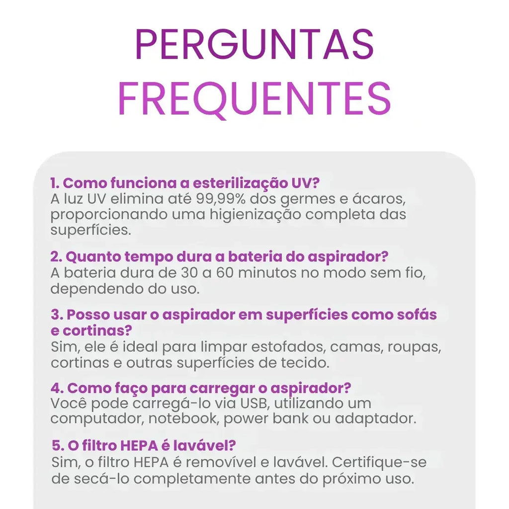 Aspirador Portátil Anti-Ácaro Esterilização UV Sem Fio