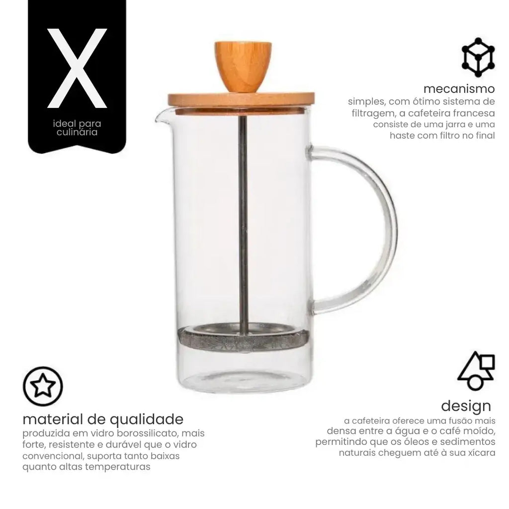 Cafeteira Prensa Francesa com Tampa de Bambu