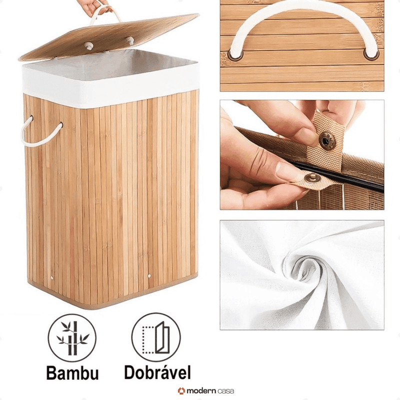 Cesto de Roupa Bambu c/ Tampa Retangular 70 LITROS - Modern Casa