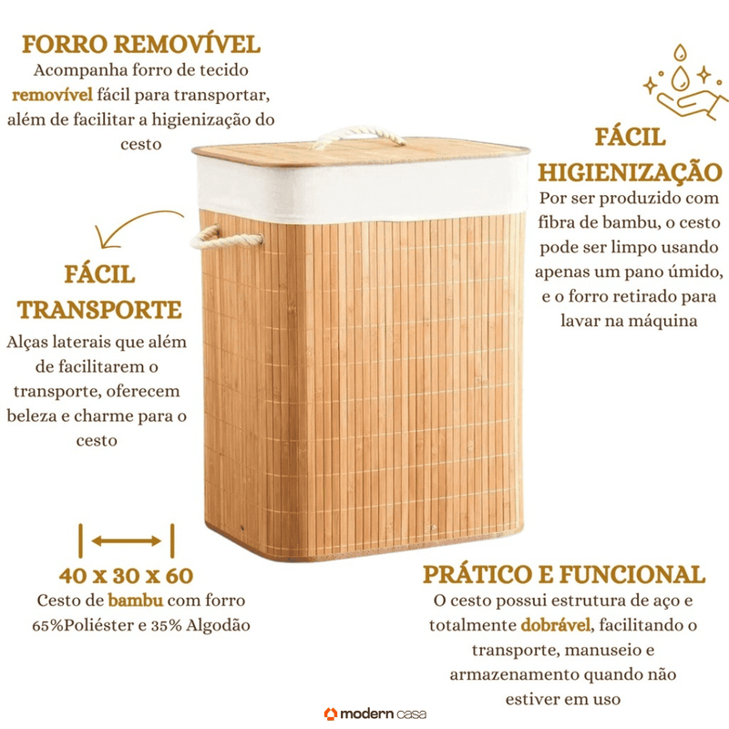 Cesto de Roupa Bambu c/ Tampa Retangular 70 LITROS - Modern Casa