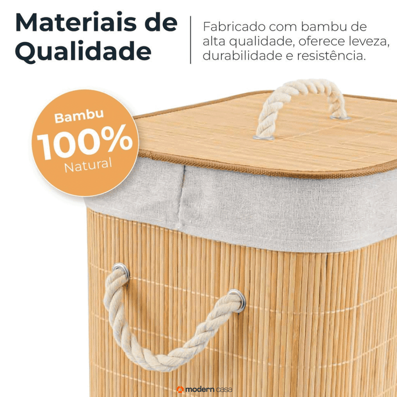 Cesto de Roupa Bambu c/ Tampa Retangular 70 LITROS - Modern Casa