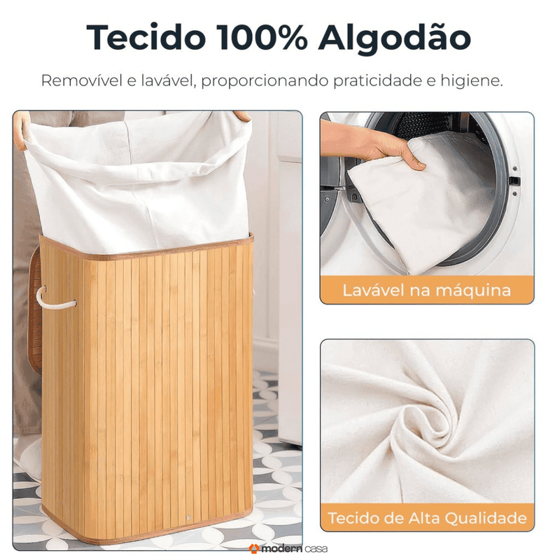 Cesto de Roupa Bambu c/ Tampa Retangular 70 LITROS - Modern Casa