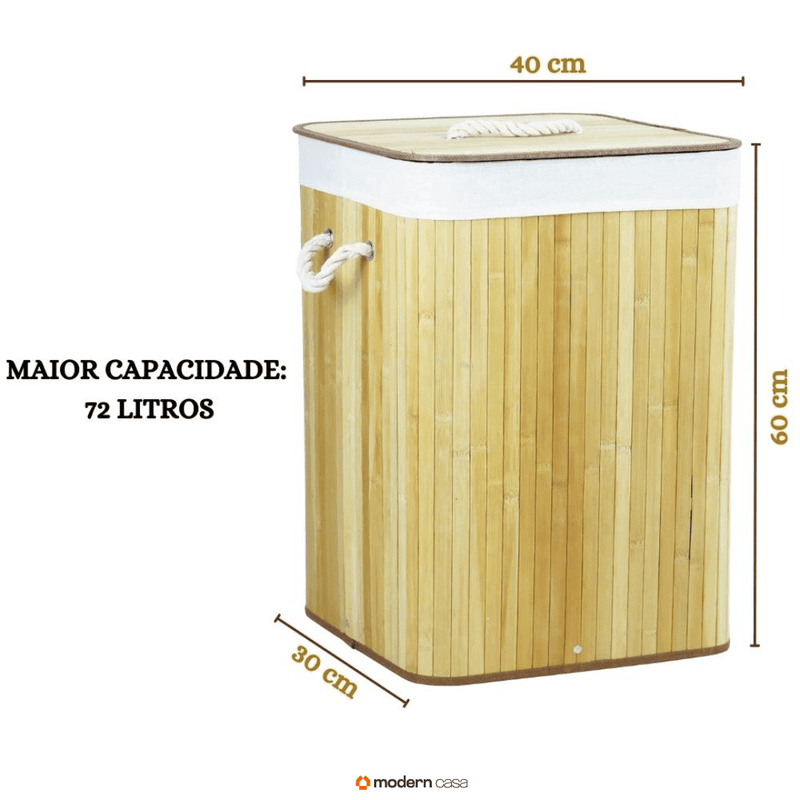 Cesto de Roupa Bambu c/ Tampa Retangular 70 LITROS - Modern Casa