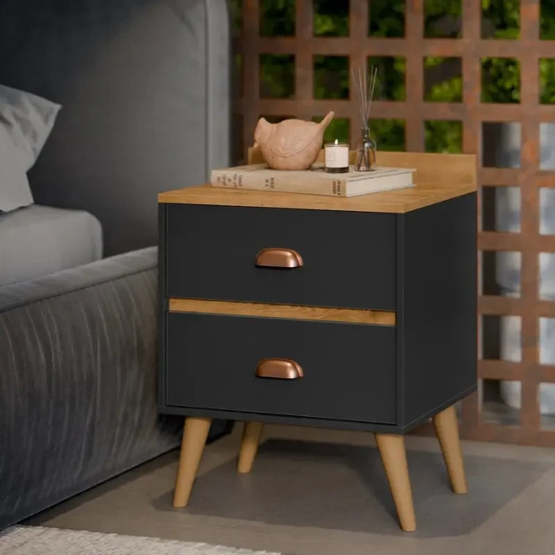 Mesa cabeceira Madero Preto/Freijó – detalhe das gavetas