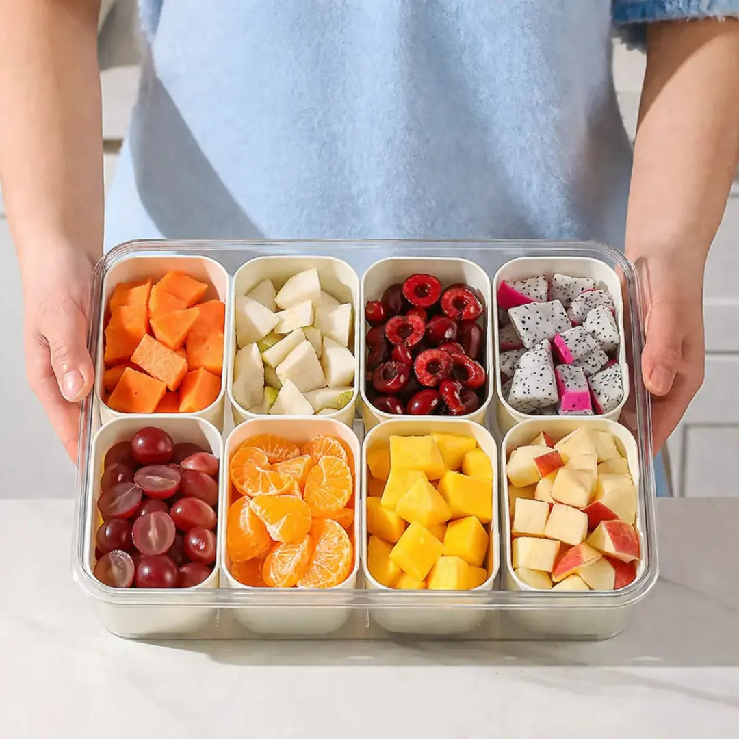 Organizador de Geladeira com 8 Divisórias – Pote Hermético Acrílico para Frutas, Legumes e Alimentos