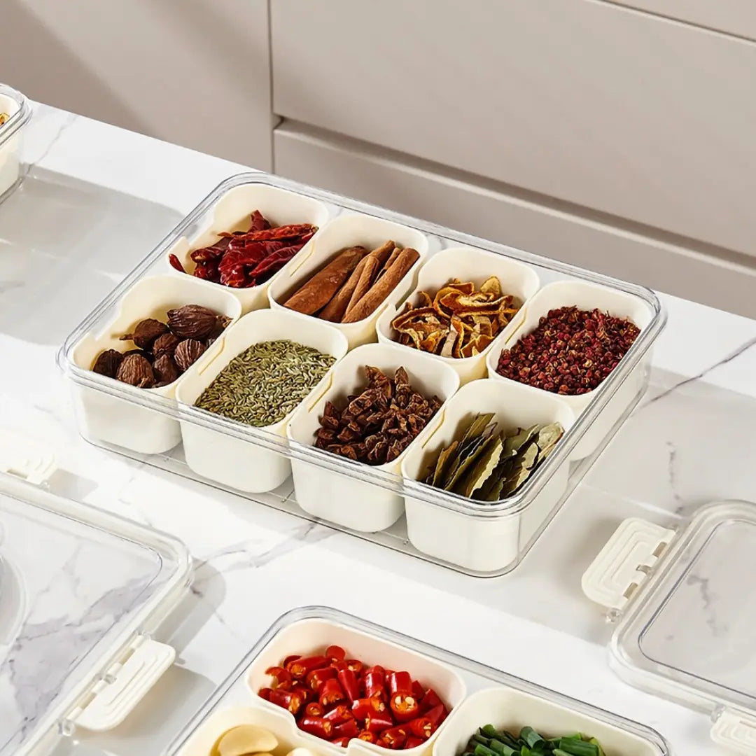 Organizador de Geladeira com 8 Divisórias – Pote Hermético Acrílico para Frutas, Legumes e Alimentos