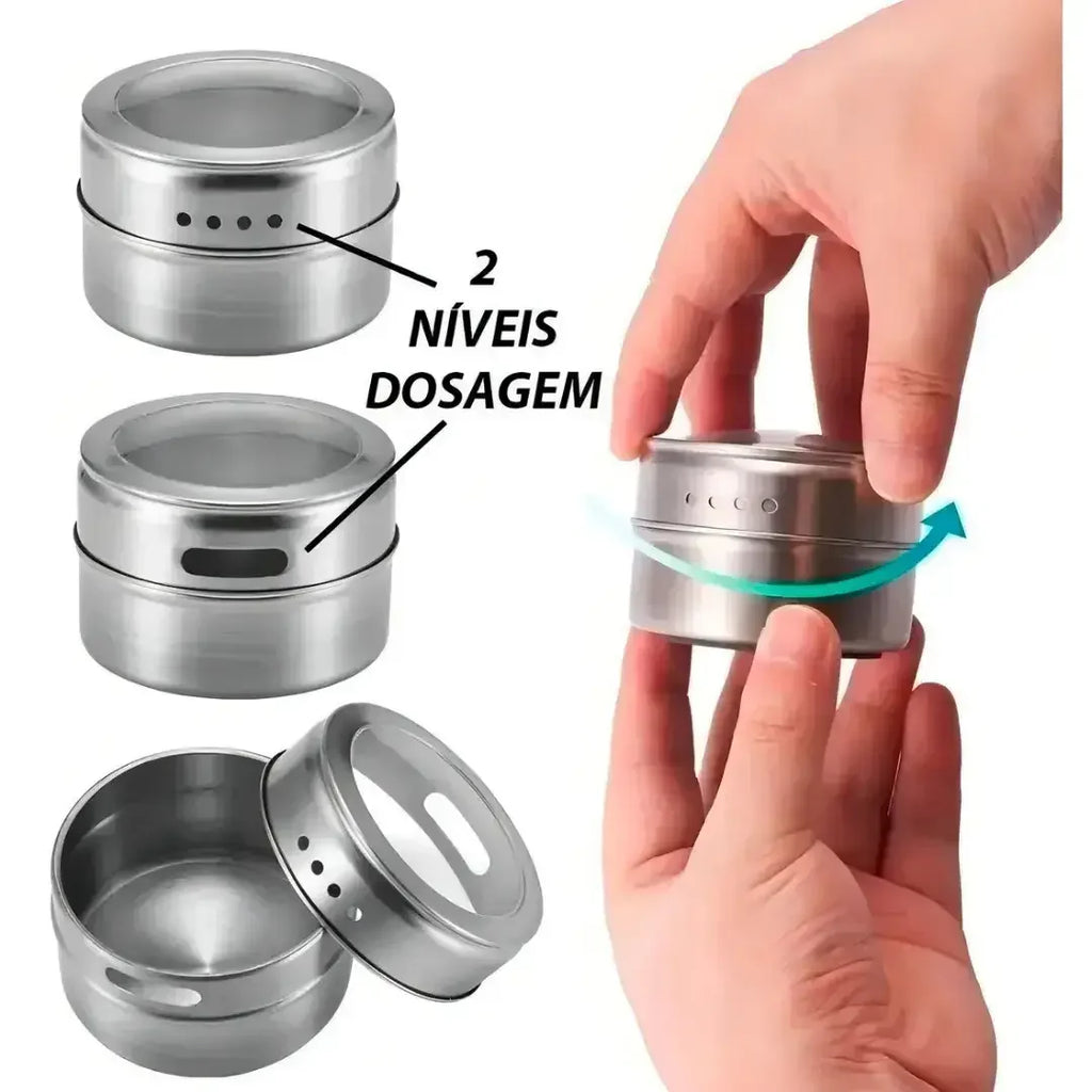 Porta Temperos Magnético com 6 Potes Inox - Modern Casa