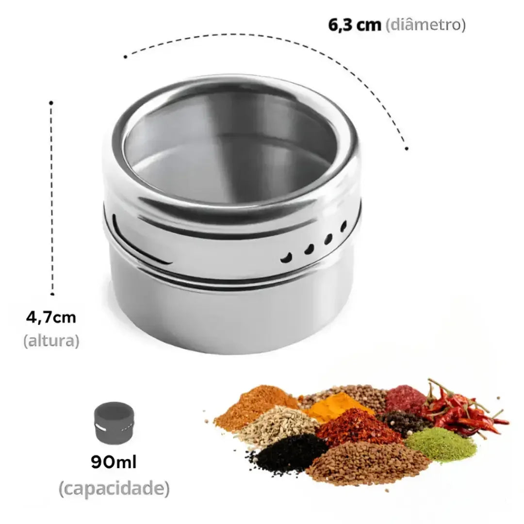 Porta Temperos Magnético com 6 Potes Inox - Modern Casa