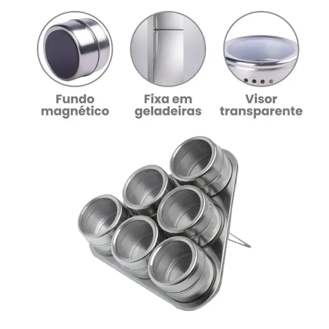 Porta Temperos Magnético com 6 Potes Inox - Modern Casa