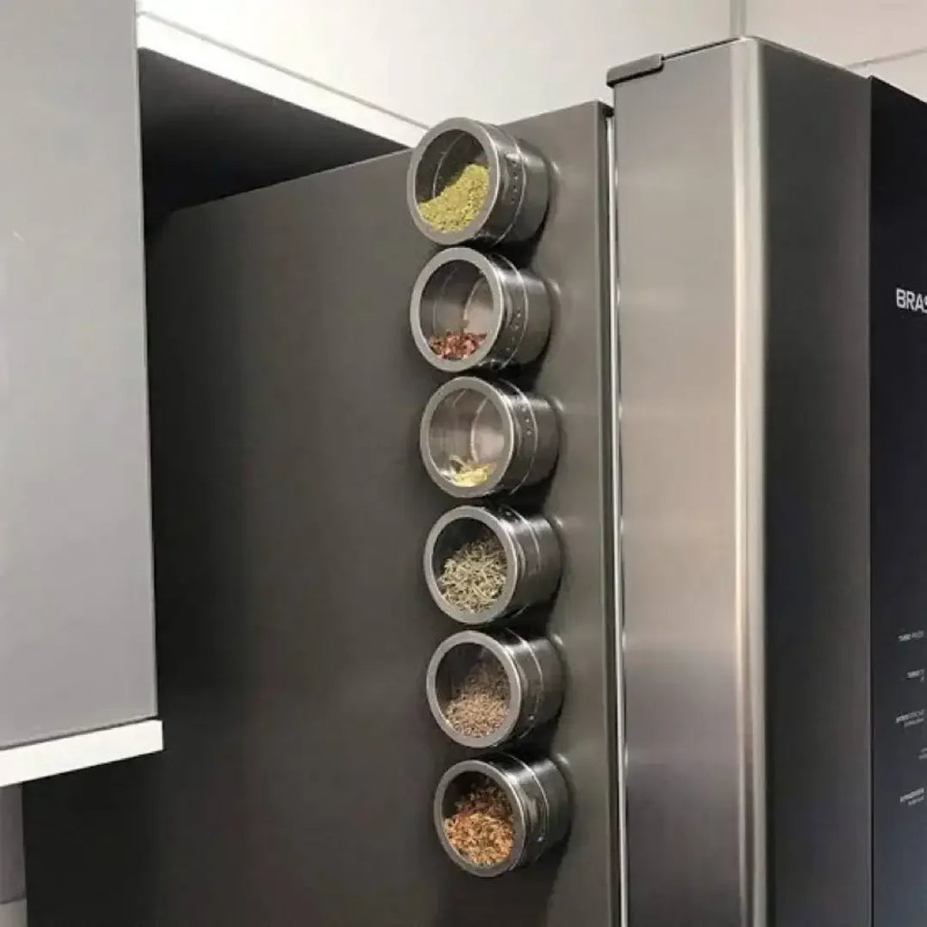 Porta Temperos Magnético com 6 Potes Inox - Modern Casa