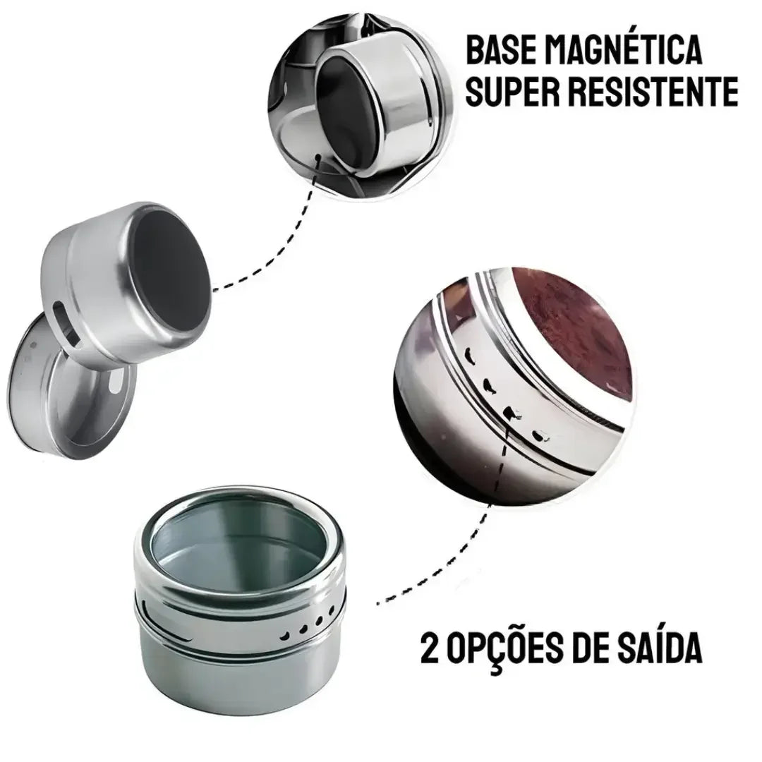 Porta Temperos Magnético com 6 Potes Inox - Modern Casa