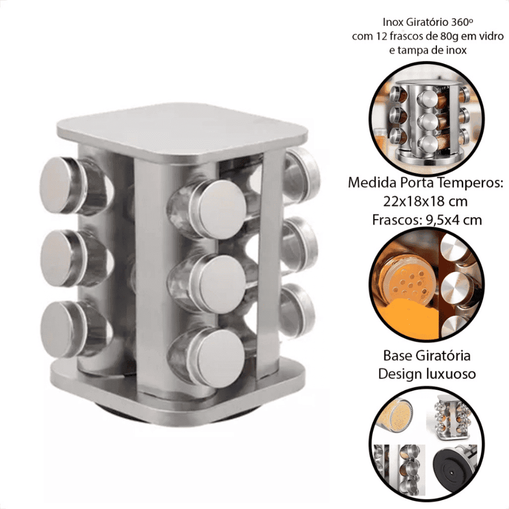 Porta Temperos e Condimentos Giratório 12 Peças - Modern Casa