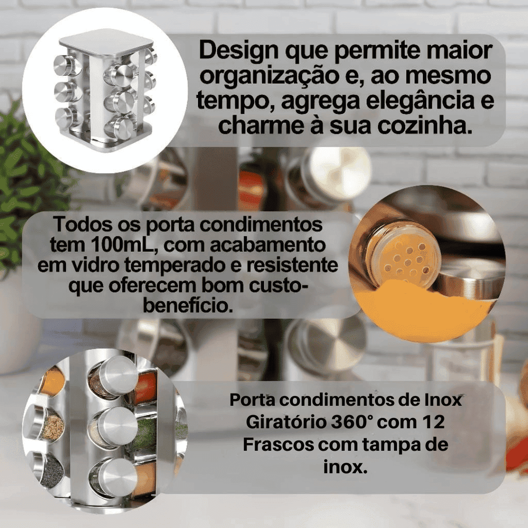 Porta Temperos e Condimentos Giratório 12 Peças - Modern Casa