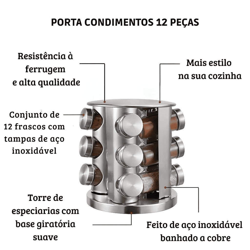 Porta Temperos e Condimentos Giratório 12 Peças - Modern Casa