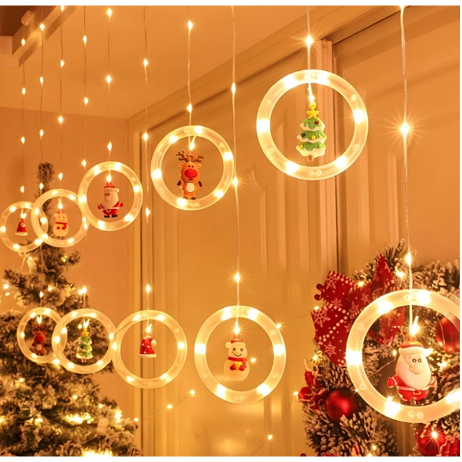 Decoração Cascata Natal Com Pisca Pisca Led Estrela Lua Papai Noel Neve Luz Branco Quente Sacada BIVOLT