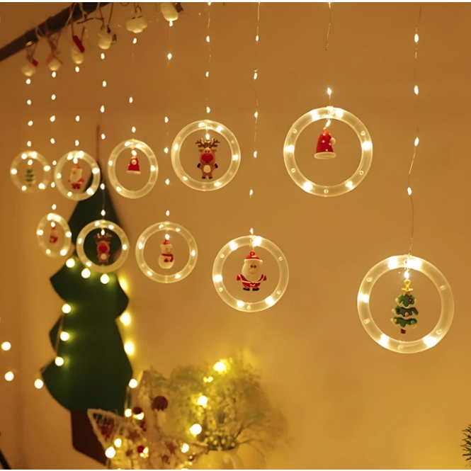 Decoração Cascata Natal Com Pisca Pisca Led Estrela Lua Papai Noel Neve Luz Branco Quente Sacada BIVOLT