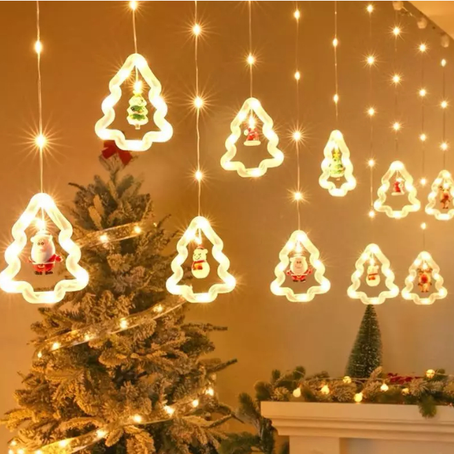 Decoração Cascata Natal Com Pisca Pisca Led Estrela Lua Papai Noel Neve Luz Branco Quente Sacada BIVOLT