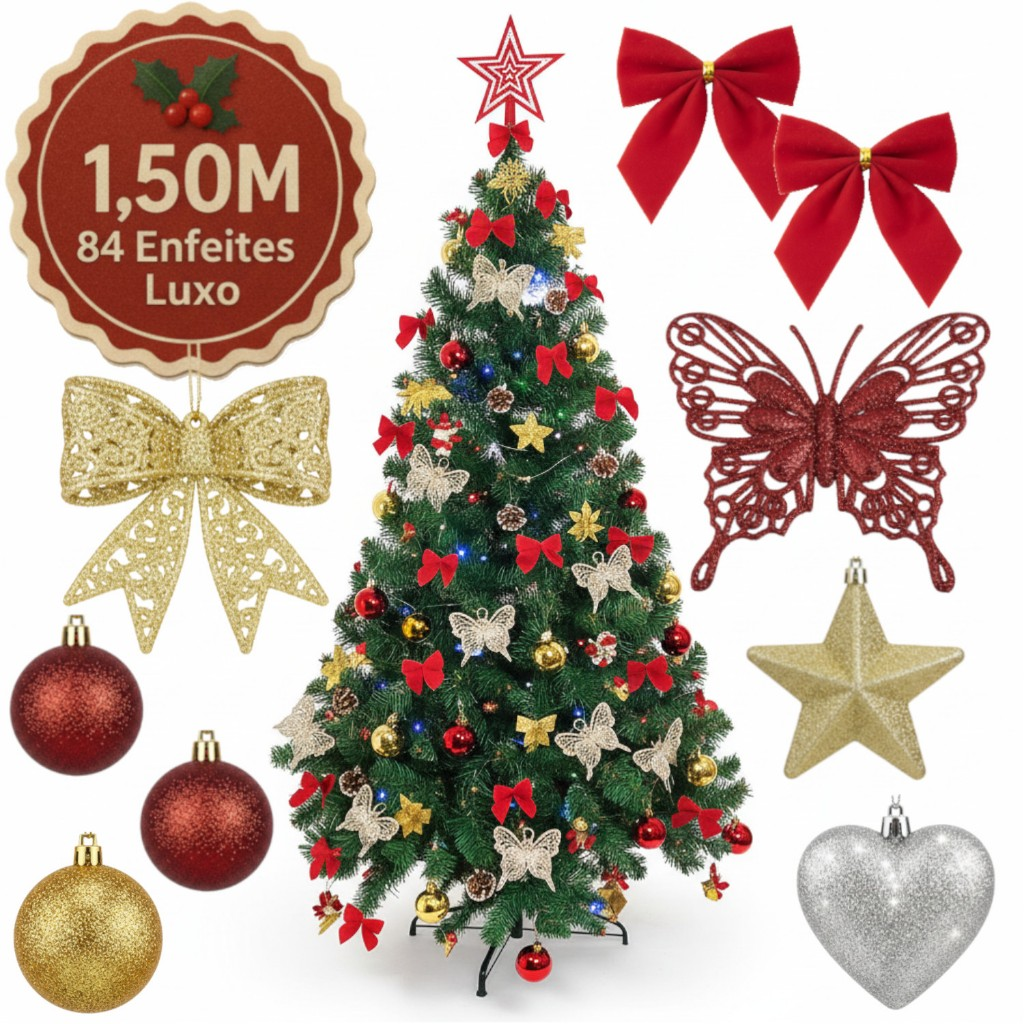 kit Árvore de Natal 1,5m Cheia Decorada Galhos Verde Pé de Ferro 150cm Premium Pisca Led Laço Quente