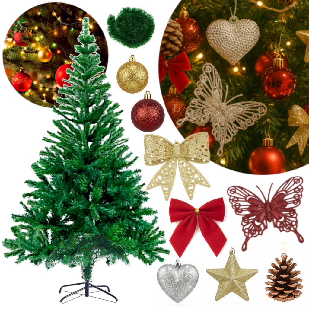 kit Árvore de Natal 1,5m Cheia Decorada Galhos Verde Pé de Ferro 150cm Premium Pisca Led Laço Quente