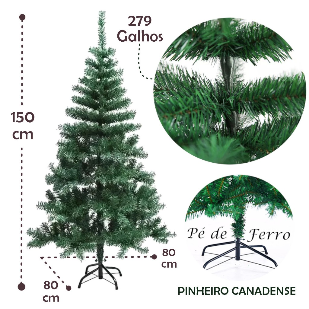 kit Árvore de Natal 1,5m Cheia Decorada Galhos Verde Pé de Ferro 150cm Premium Pisca Led Laço Quente