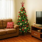 kit Árvore de Natal 1,5m Cheia Decorada Galhos Verde Pé de Ferro 150cm Premium Pisca Led Laço Quente