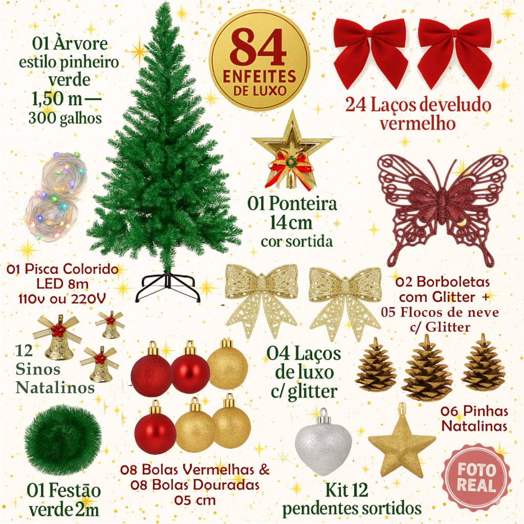 kit Árvore de Natal 1,5m Cheia Decorada Galhos Verde Pé de Ferro 150cm Premium Pisca Led Laço Quente