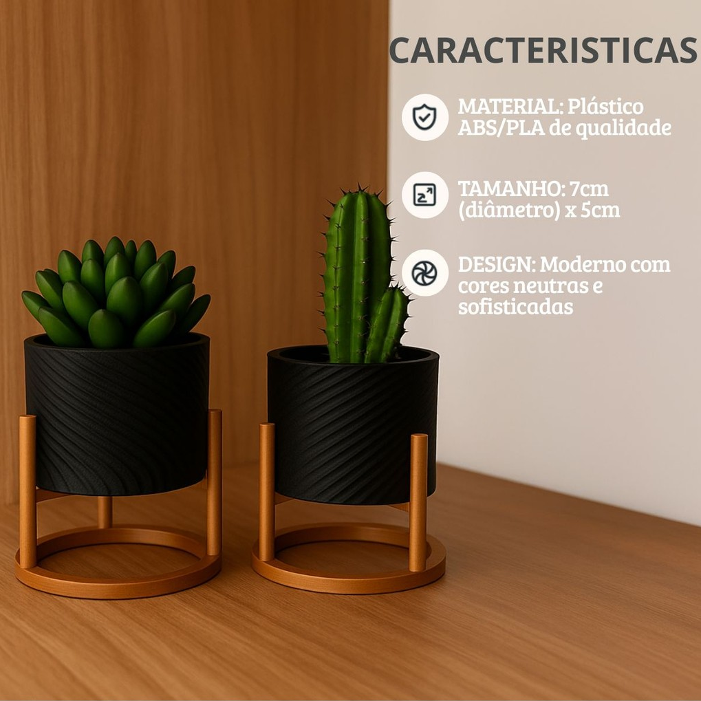 Trio de Vasos Cachepot com Suporte Para Cactos ou Suculentas